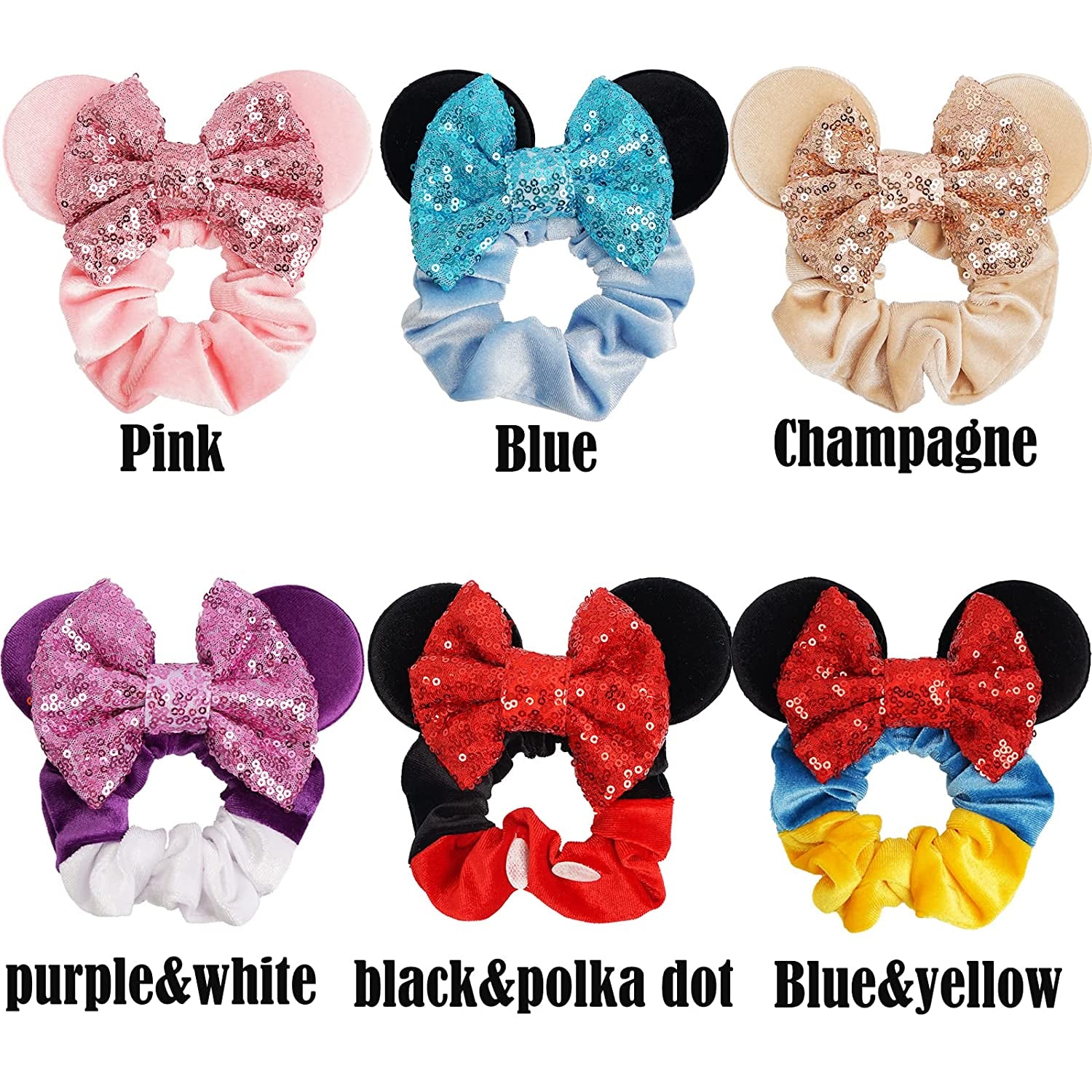 6 Pack Mouse Mickey Ears Scrunchies Velvet Sparkle Sequin Minnie Bows Hair Scrunchies Hair Ties Elastic Rubber Bands Ponytail Holders for Kids Women Girls Adult Christmas Party Decoration