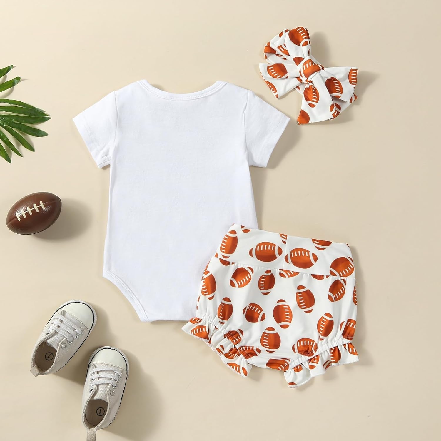 3Pcs Newborn Baby Girl Football Outfit Game Day Bodysuit Onesie Ruffle Bloomer Bummie Shorts Cute Coming Home Outfit