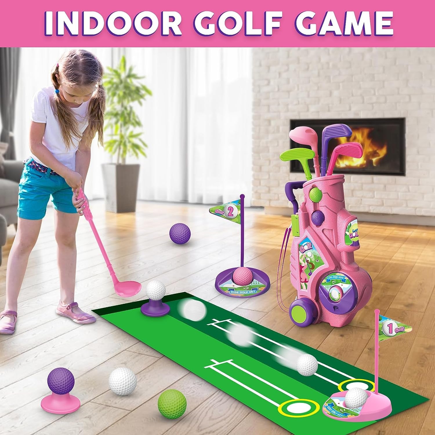 Toddler Golf Set with Putting Mat, 4 Clubs, 8 Balls, 2 Practice Holes for Kids 3-5 Years Old, Indoor Outdoor Sports Toys with Shoulder Strap, 20 Pieces