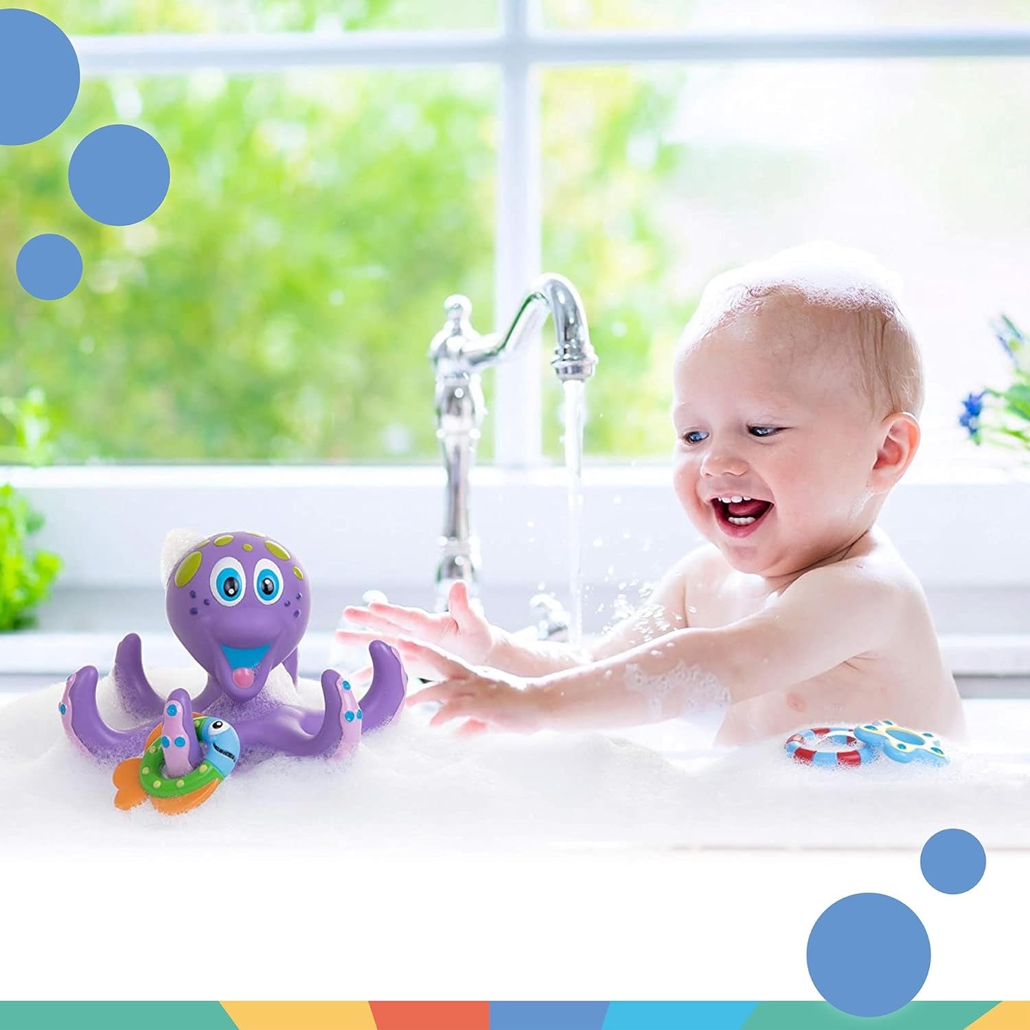 Floating Octopus Toy with 3 Hoopla Rings - BPA Free Baby Bath Toy for Boys and Girls - 18+ Months - Purple