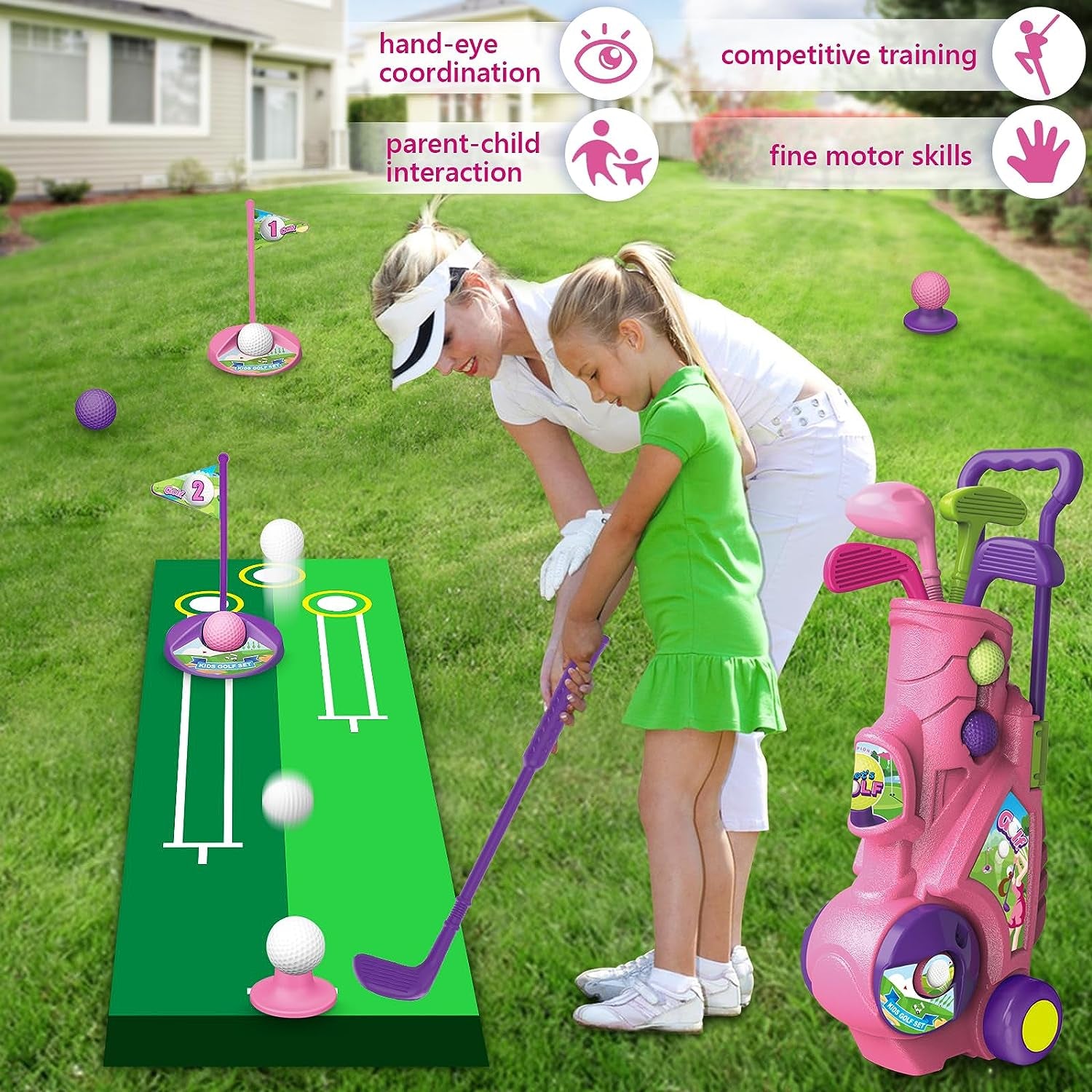 Toddler Golf Set with Putting Mat, 4 Clubs, 8 Balls, 2 Practice Holes for Kids 3-5 Years Old, Indoor Outdoor Sports Toys with Shoulder Strap, 20 Pieces