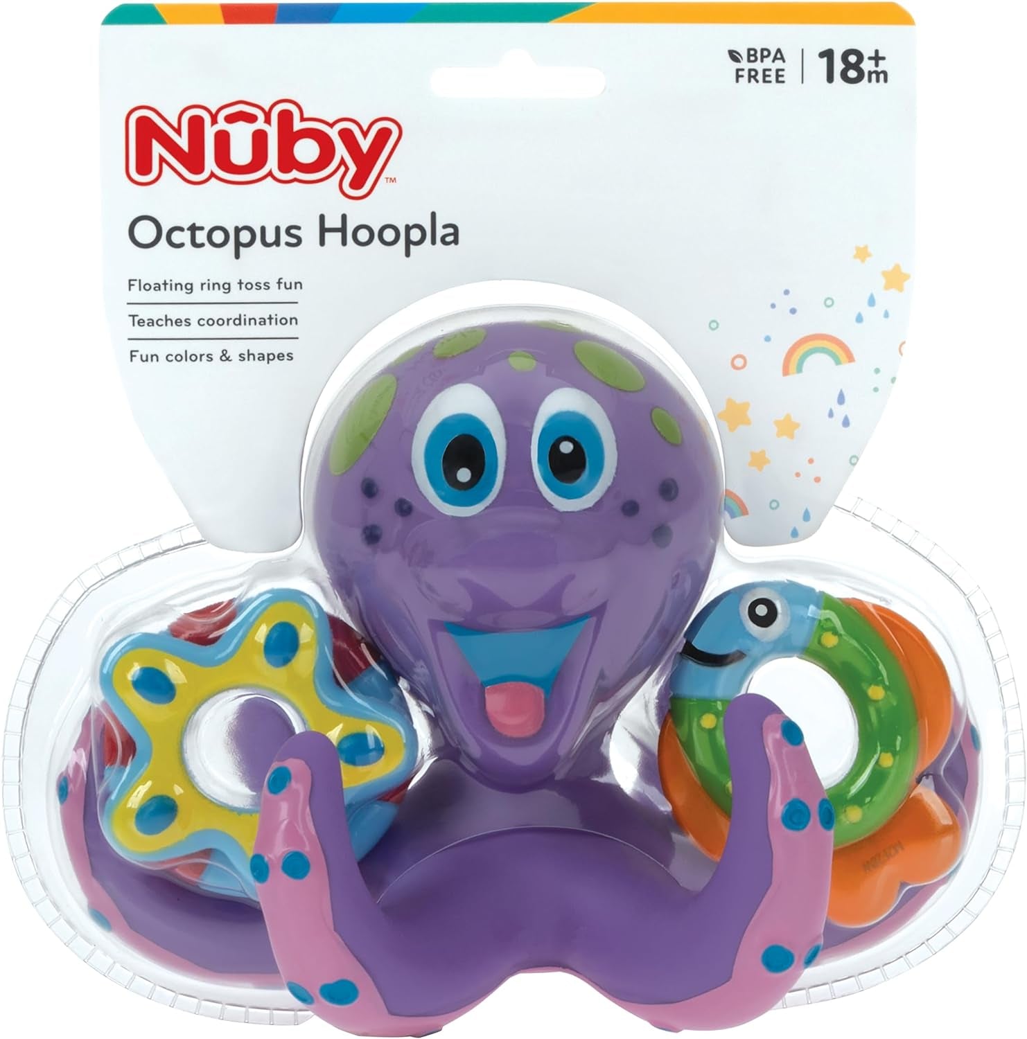 Floating Octopus Toy with 3 Hoopla Rings - BPA Free Baby Bath Toy for Boys and Girls - 18+ Months - Purple