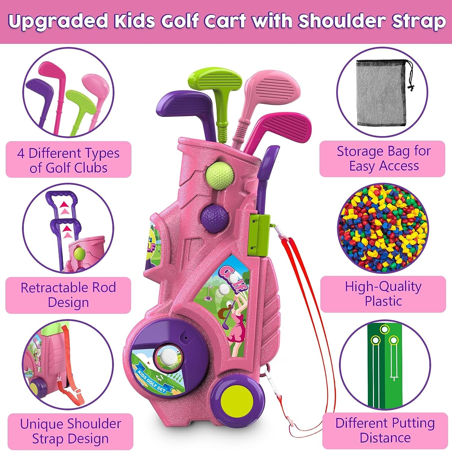 Toddler Golf Set with Putting Mat, 4 Clubs, 8 Balls, 2 Practice Holes for Kids 3-5 Years Old, Indoor Outdoor Sports Toys with Shoulder Strap, 20 Pieces