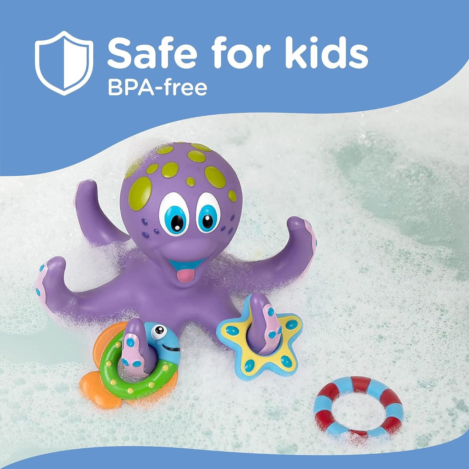 Floating Octopus Toy with 3 Hoopla Rings - BPA Free Baby Bath Toy for Boys and Girls - 18+ Months - Purple