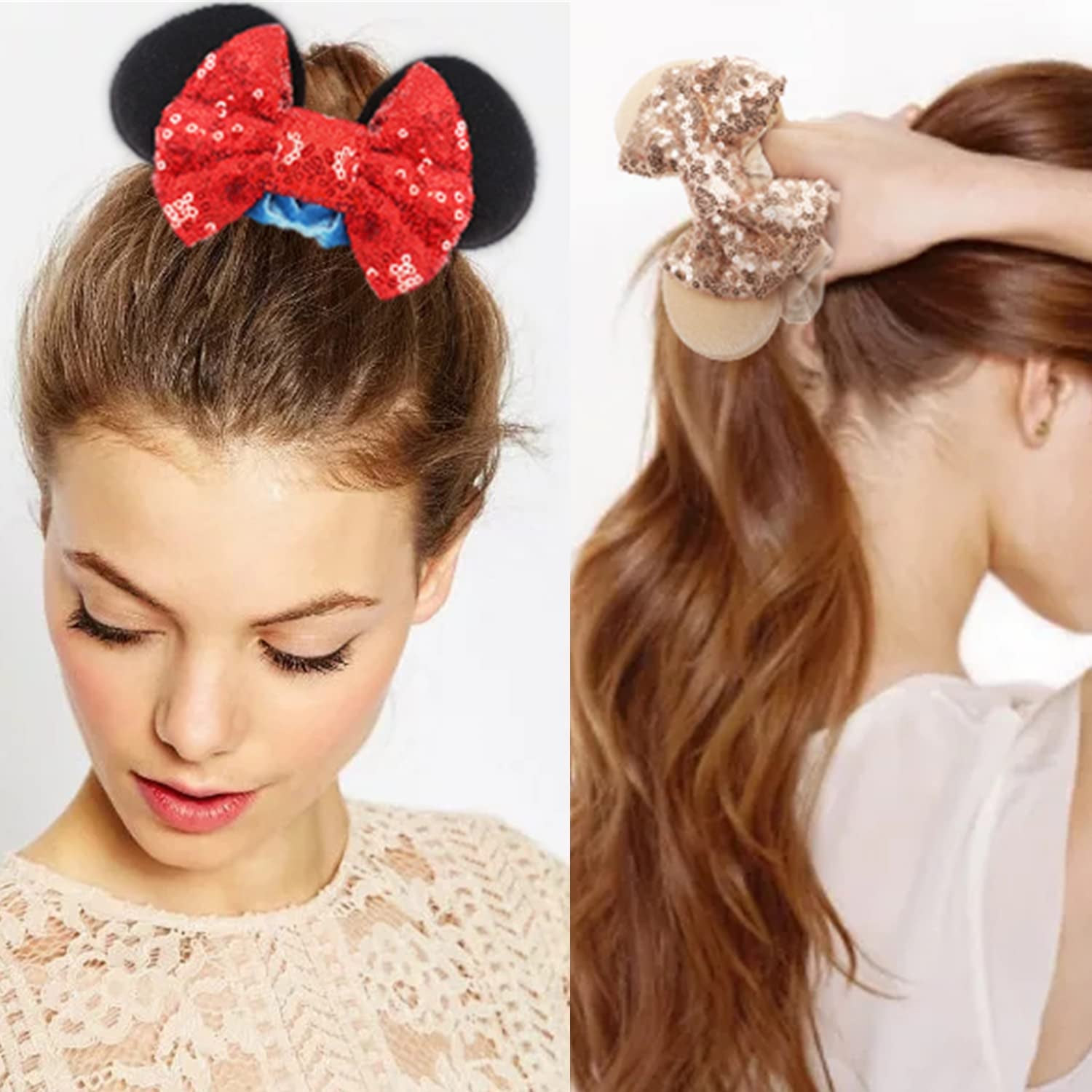 6 Pack Mouse Mickey Ears Scrunchies Velvet Sparkle Sequin Minnie Bows Hair Scrunchies Hair Ties Elastic Rubber Bands Ponytail Holders for Kids Women Girls Adult Christmas Party Decoration