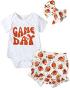 3Pcs Newborn Baby Girl Football Outfit Game Day Bodysuit Onesie Ruffle Bloomer Bummie Shorts Cute Coming Home Outfit