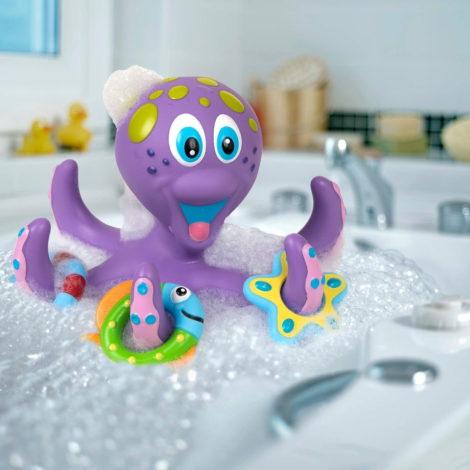 Floating Octopus Toy with 3 Hoopla Rings - BPA Free Baby Bath Toy for Boys and Girls - 18+ Months - Purple