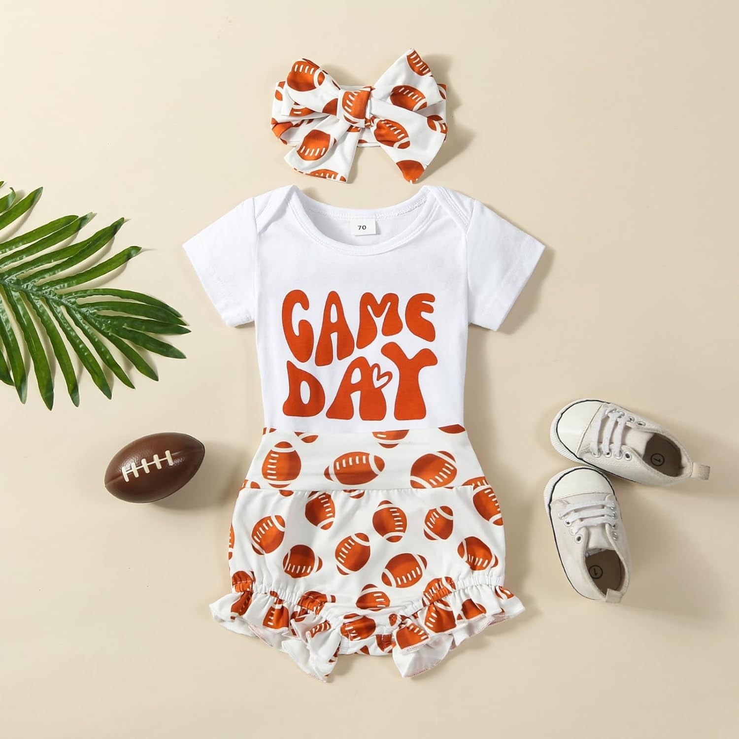 3Pcs Newborn Baby Girl Football Outfit Game Day Bodysuit Onesie Ruffle Bloomer Bummie Shorts Cute Coming Home Outfit