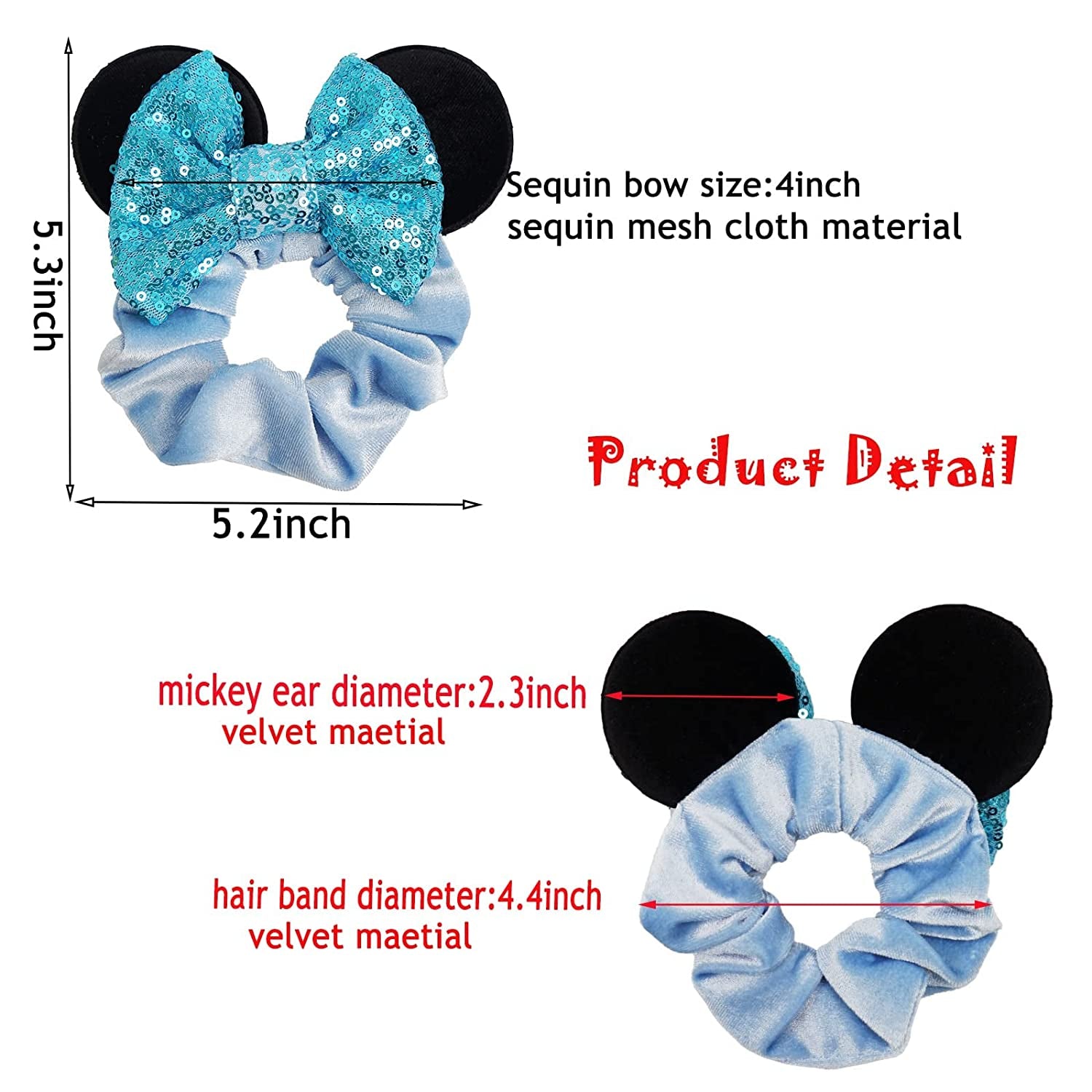 6 Pack Mouse Mickey Ears Scrunchies Velvet Sparkle Sequin Minnie Bows Hair Scrunchies Hair Ties Elastic Rubber Bands Ponytail Holders for Kids Women Girls Adult Christmas Party Decoration