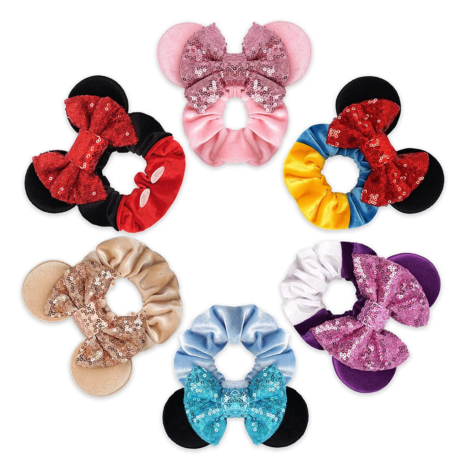 6 Pack Mouse Mickey Ears Scrunchies Velvet Sparkle Sequin Minnie Bows Hair Scrunchies Hair Ties Elastic Rubber Bands Ponytail Holders for Kids Women Girls Adult Christmas Party Decoration