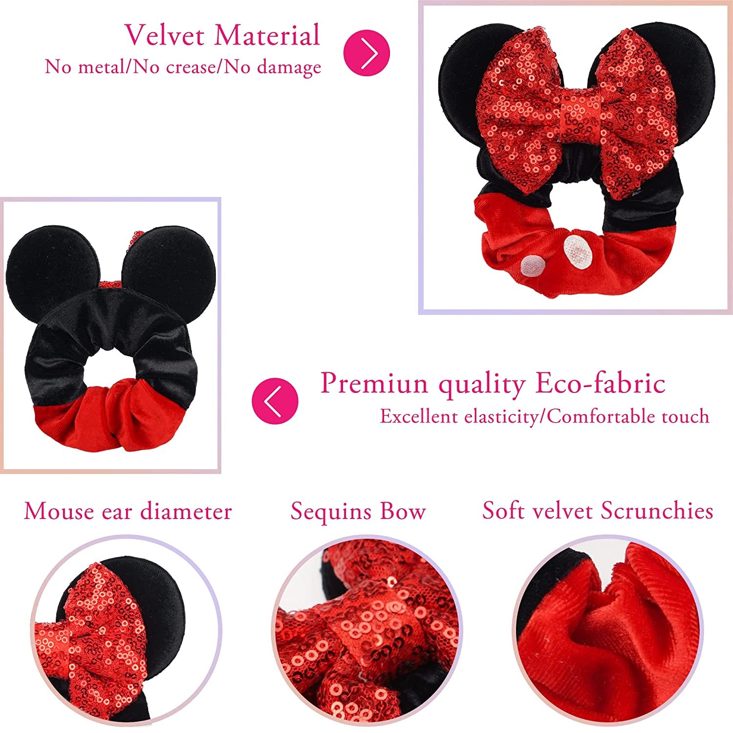 6 Pack Mouse Mickey Ears Scrunchies Velvet Sparkle Sequin Minnie Bows Hair Scrunchies Hair Ties Elastic Rubber Bands Ponytail Holders for Kids Women Girls Adult Christmas Party Decoration